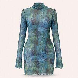 Sexy See through Mesh Mini Summer Dress Ethereal Print Sheer Y2K Cyber Grunge L